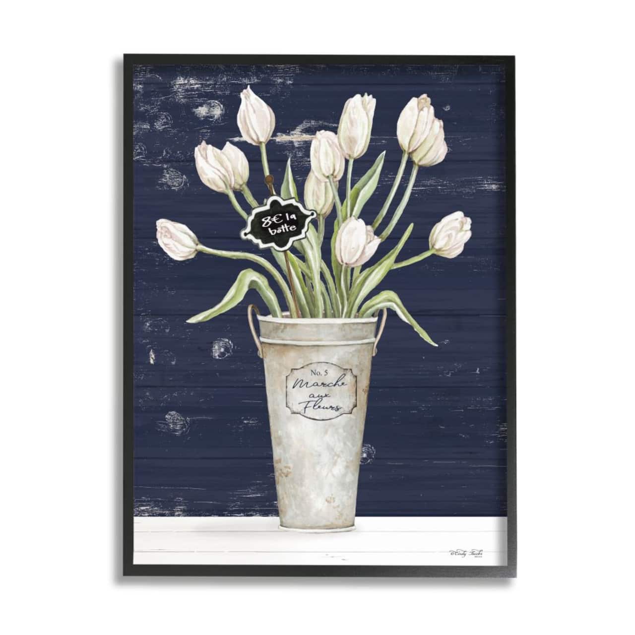Stupell Industries Charming White Tulip Bouquet over Rustic Blue Framed Wall Art